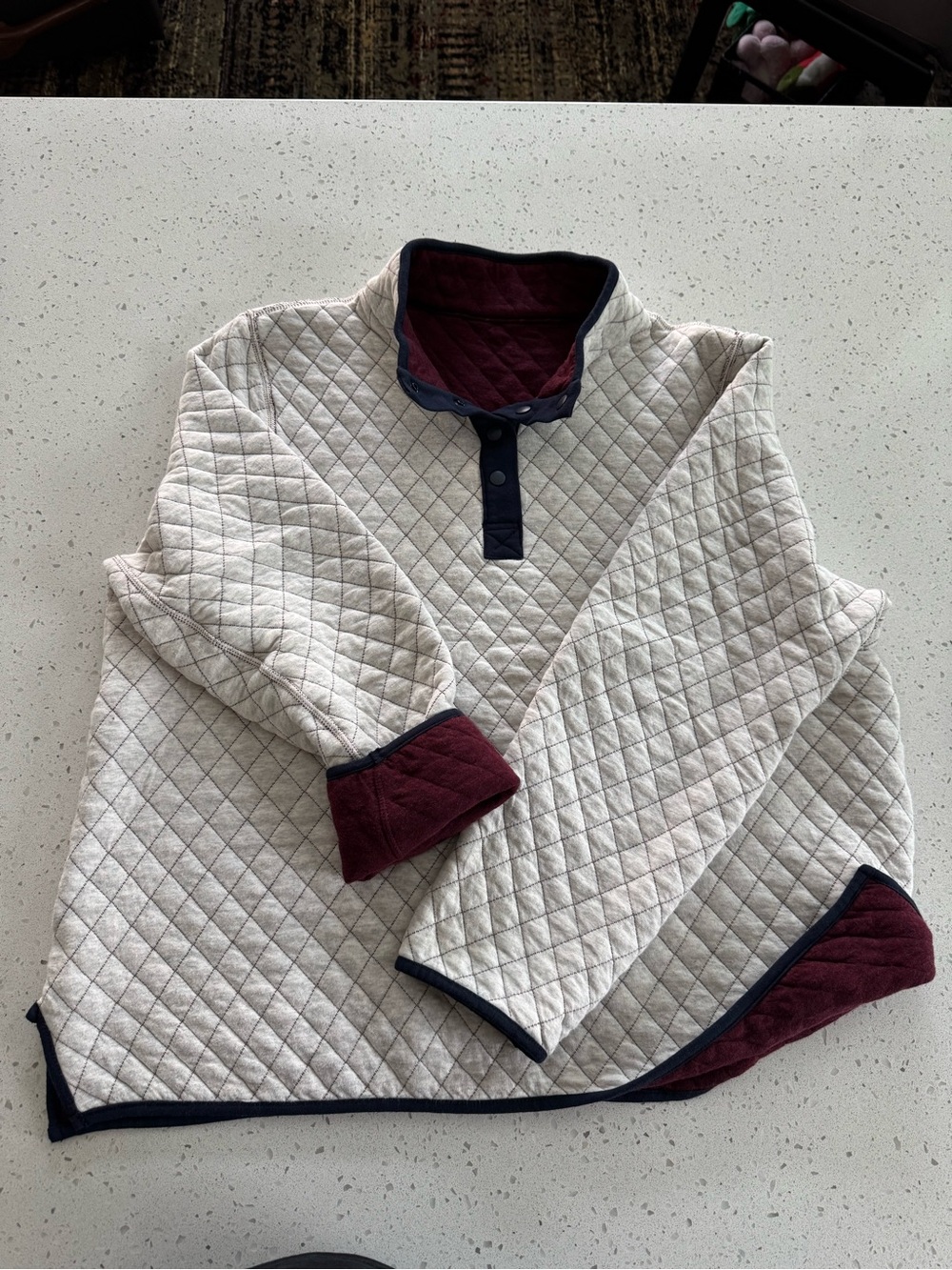 Quince Quilted Pullover Sweatshirt in Cream with Burgundy & Navy Trim reversible